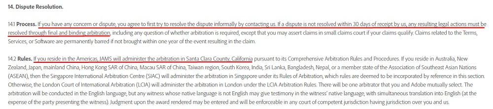 Adobe Terms of Use: Dispute Resolution clause: Process and Rules sections