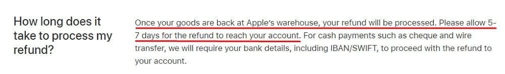 Apple Returns and Refunds Policy: Refund payment method and timeframe clause