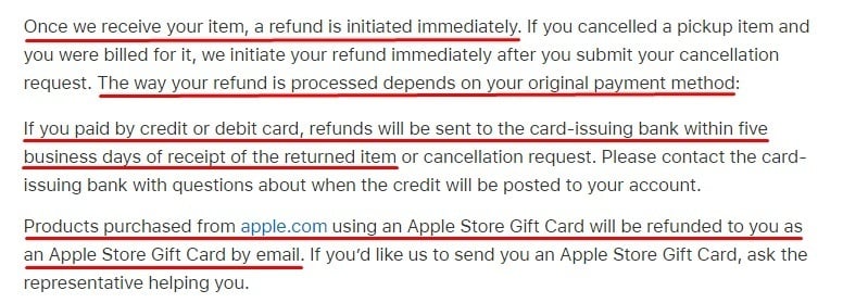 Apple Returns and Refunds Policy: Refunds clasue