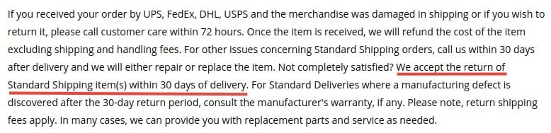 Ashley Furniture Return Policy: Online Purchase Return - Standard Shipping gets 30 days from delivery section