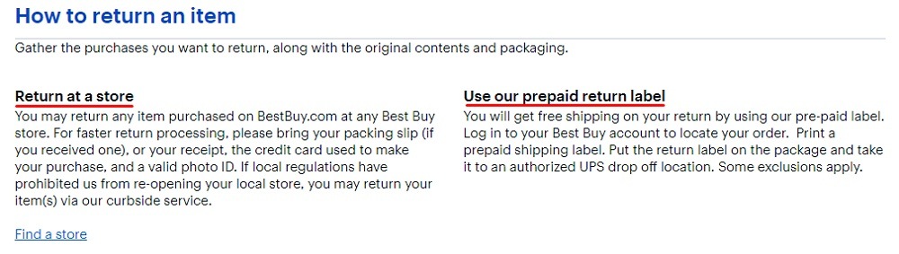 Best Buy Returns and Exchanges Policy: How to return an item - at a store or with prepaid label section