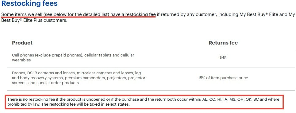 Best Buy Returns and Exchanges Policy: Restocking fees clause