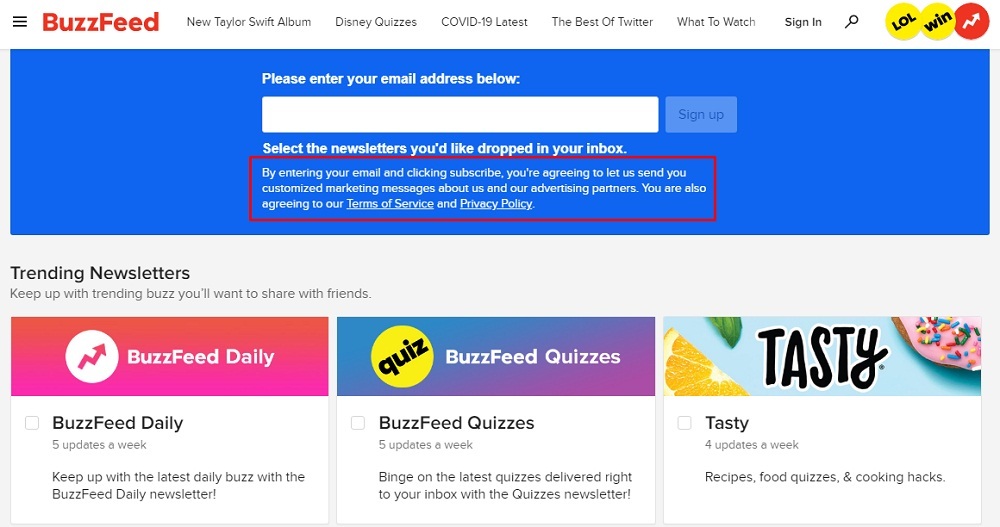 BuzzFeed Newsletter sign-up form