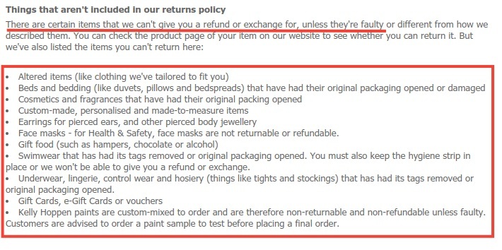 Debenhams Return Policy: Things not included in Returns Policy clause
