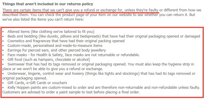 Debenhams Return Policy: Things not included in Returns Policy clause