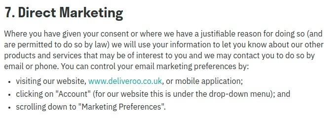 Deliveroo Privacy Policy: Direct marketing clause