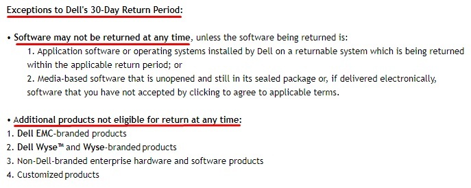 Dell Returns Policy: Exceptions clause