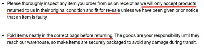 Good For Nothing Clothing Returns Policy: Conditions of return section