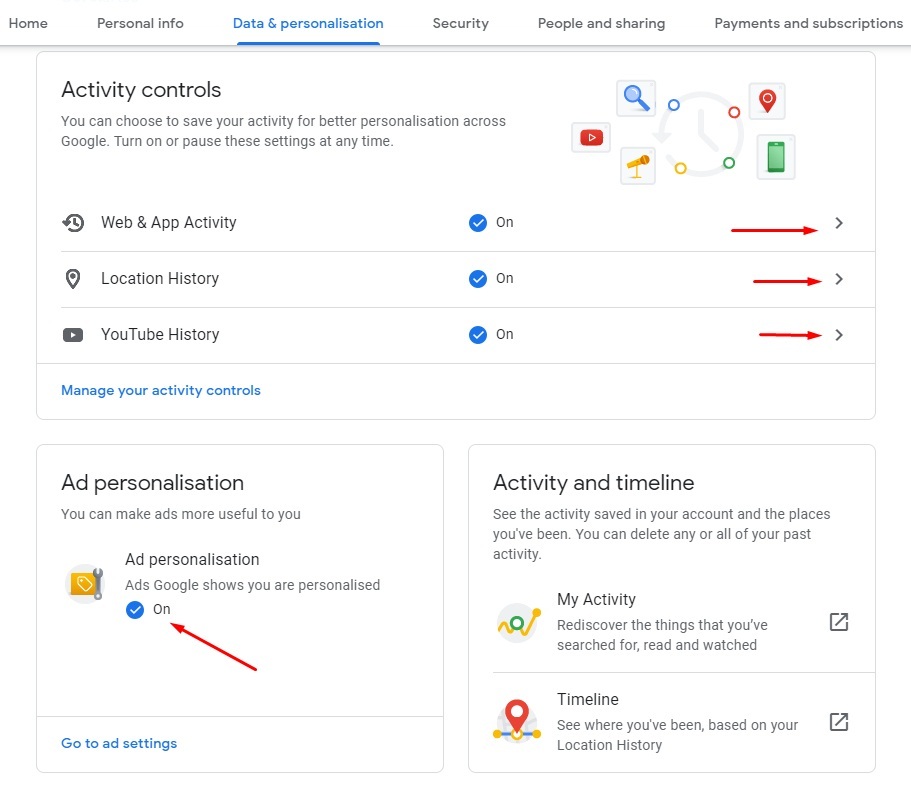 Google Account Data and Personalization: Activity Controls options highlighted