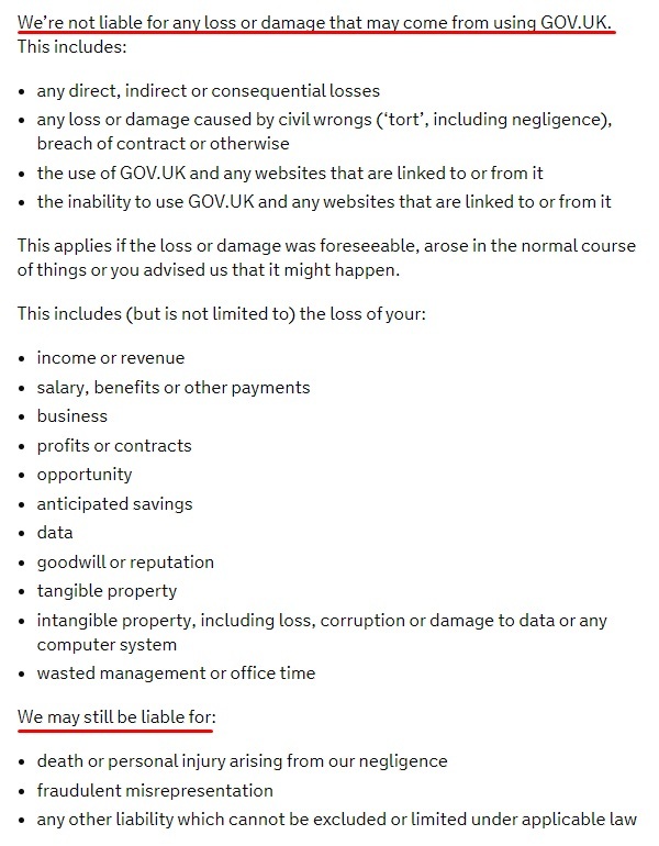 Gov UK website Terms and Conditions: Limited liability section