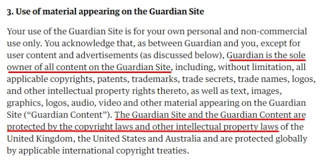 The Guardian Terms of Service: Excerpt of copyright and intellectual property clause