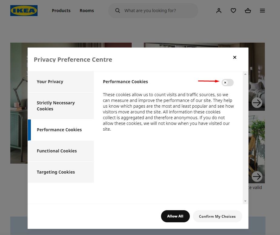 IKEA Privacy preference Centre: Performance Cookies toggle button highlighted