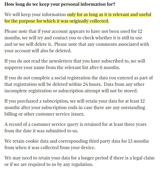 The Independent Privacy Policy: How long do we keep your personal information for clause