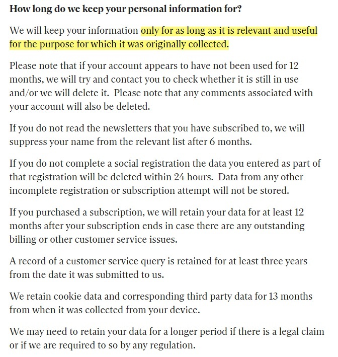 The Independent Privacy Policy: How long do we keep your personal information for clause