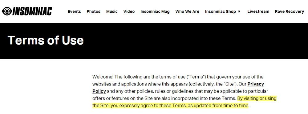 Insomniac Terms of Use: Introduction clause with browsewrap