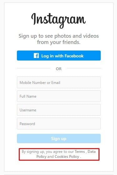 Instagram Sign-up form with Agree to Terms and Policies section highlighted