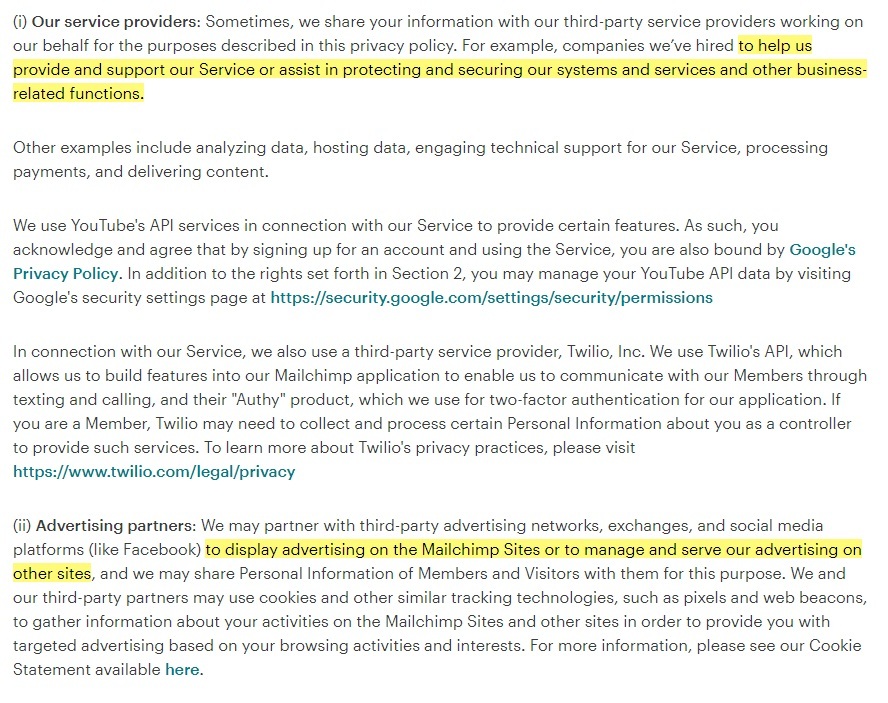 Mailchimp Privacy Policy: How We Share Information clause excerpt