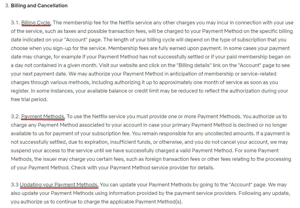 Netflix Terms of Use: Billing and Cancellation clause excerpt