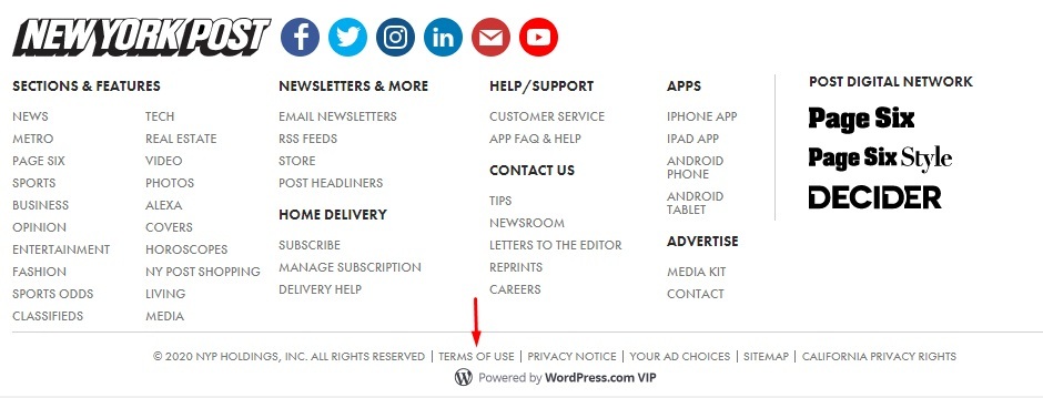 New York Post website footer with Terms of Use highlighted