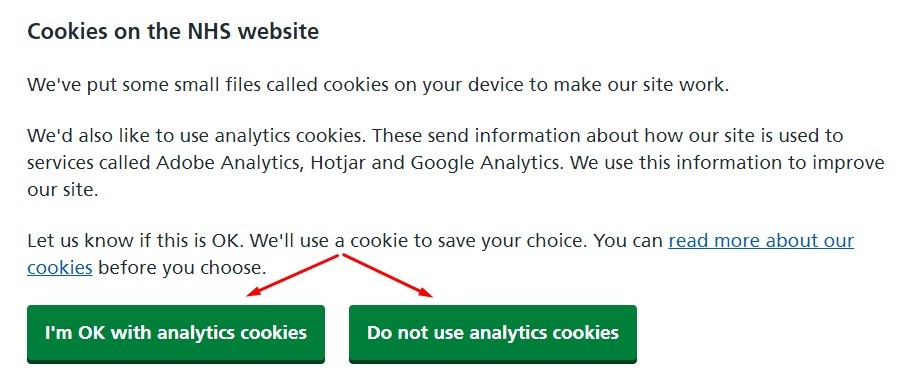 NHS Cookies Declaration with consent buttons highlighted