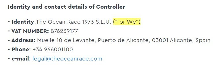Ocean Race Privacy Policy: Contact details clause