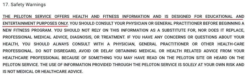 Peloton Terms of Service: Safety Warnings clause - Disclaimer