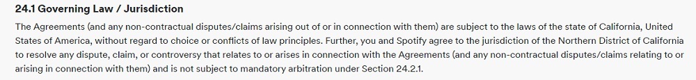 Spotify Terms and Conditions: Governing Law and Jurisdiction clause