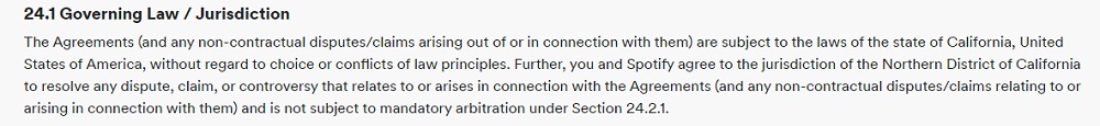 Spotify Terms and Conditions: Governing Law and Jurisdiction clause
