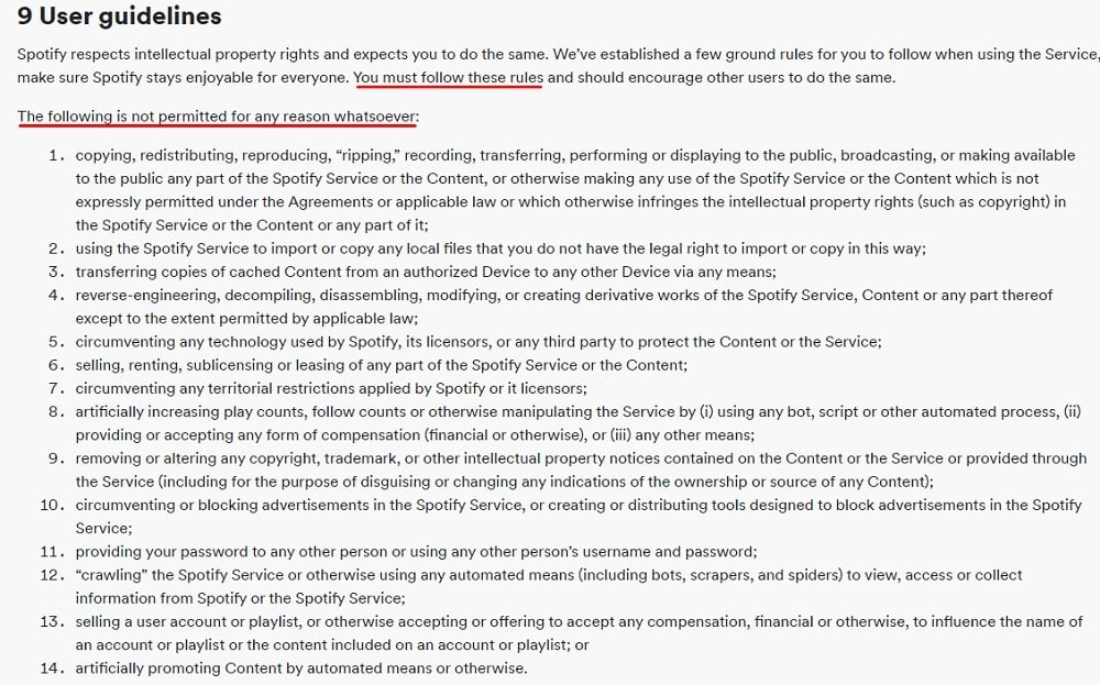 Spotify Terms and Conditions: User Guideline clause