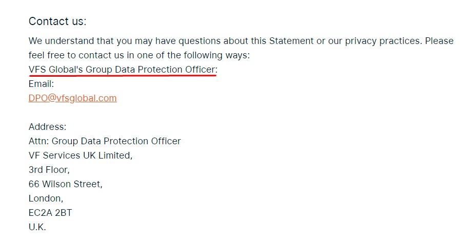 VFS Global Privacy Policy: Contact clause