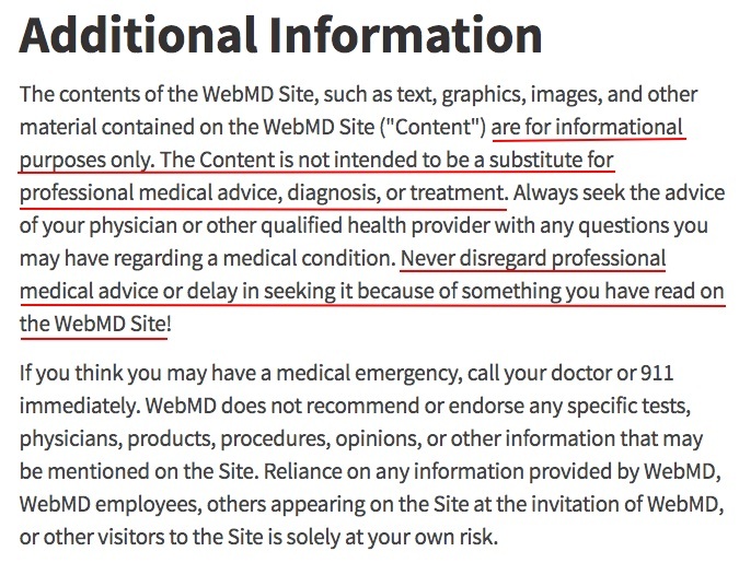 WebMD Additional Information disclaimer page