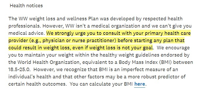 Weight Watchers Health notices excerpt - Disclaimer