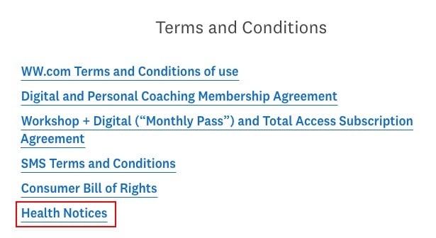 Weight Watchers Terms and Conditions: Link list with Health Notices highlighted