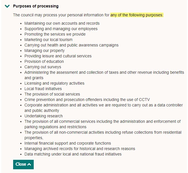 Wiltshire Council Privacy Notice: Purposes of Processing clause