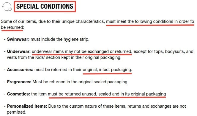 ZARA Exchanges and Returns Policy: Special Conditions clause