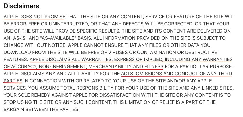 Apple Terms of Use: Disclaimers clause