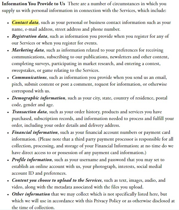 The Atlantic Privacy Policy: Information You Provide to Us clause - Contact Data highlighted