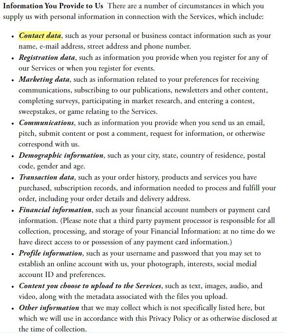 The Atlantic Privacy Policy: Information You Provide to Us clause - Contact Data highlighted