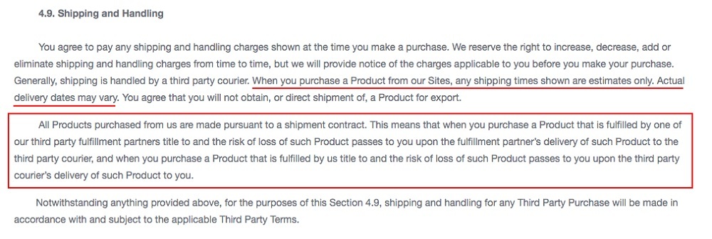 Blue Apron Terms of Use: Shipping and Handling clause