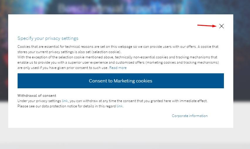 Bosch cookie consent notice for marketing cookies