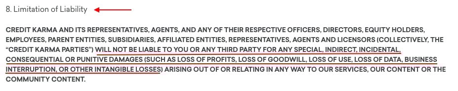 Credit Karma Terms of Service: Limitation of Liability clause excerpt