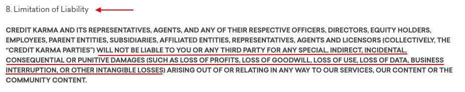 Credit Karma Terms of Service: Limitation of Liability clause excerpt