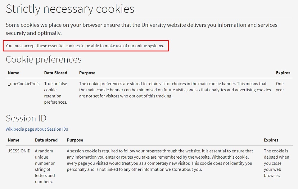 Edinburgh University: Strictly necessary cookies definitions