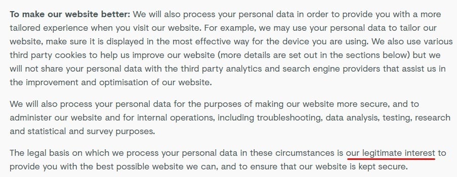 Farewill Privacy Policy: Basis for Processing Personal Data clause - To make our website better section