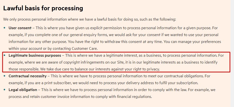 Financial Times Privacy Policy: Lawful basis for processing clause - Legitimate business purposes section highlighted