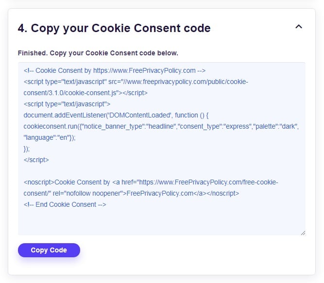 FreePrivacyPolicy: Cookies Consent - Finished - Copy your Cookie Consent code - Step 4