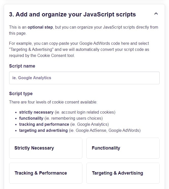 FreePrivacyPolicy: Cookies Consent - Add and organize your JavaScript scripts - Step 3