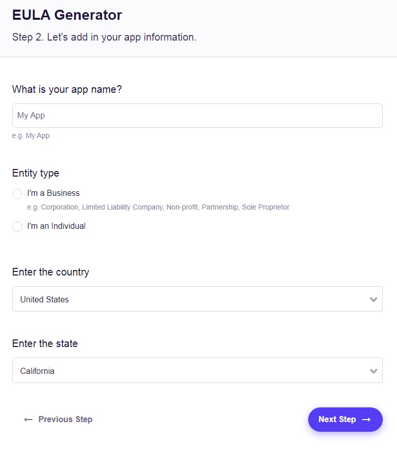 FreePrivacyPolicy: Free EULA Generator - Answer a few questions about your app - Step 2