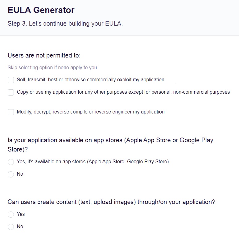 FreePrivacyPolicy: Free EULA Generator - Customize your EULA and answer a few questions about your app - Step 3