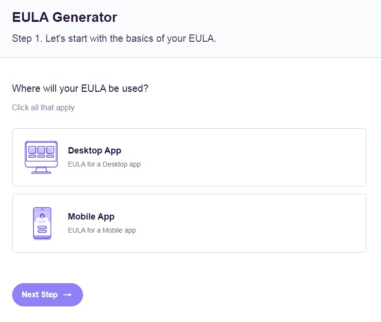 FreePrivacyPolicy: Free EULA Generator - Start with the basics select an App - Step 1